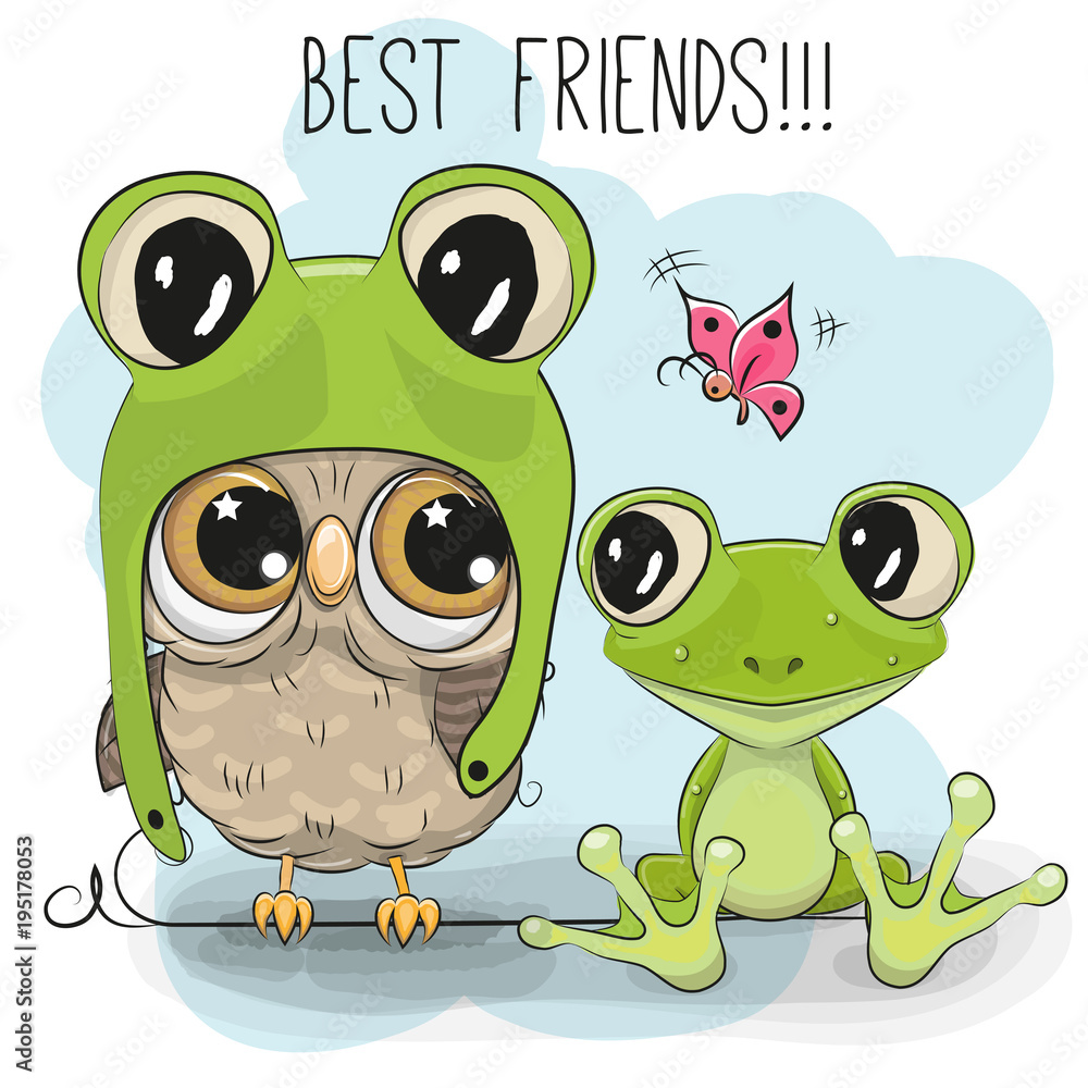 Cartoon Owl in a frog hat and frog Stock Vector | Adobe Stock