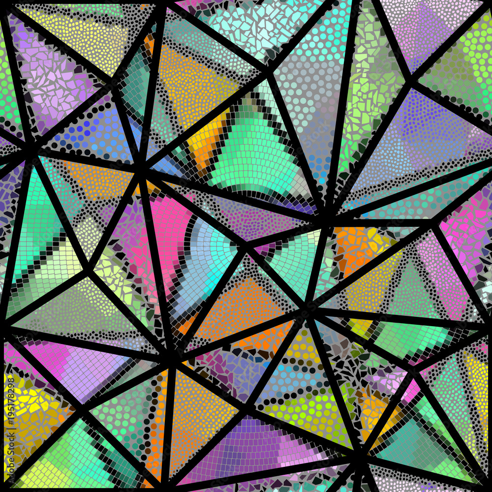 Seamless background pattern. Mosaic art pattern of triangles of different tile textures. Vector image.