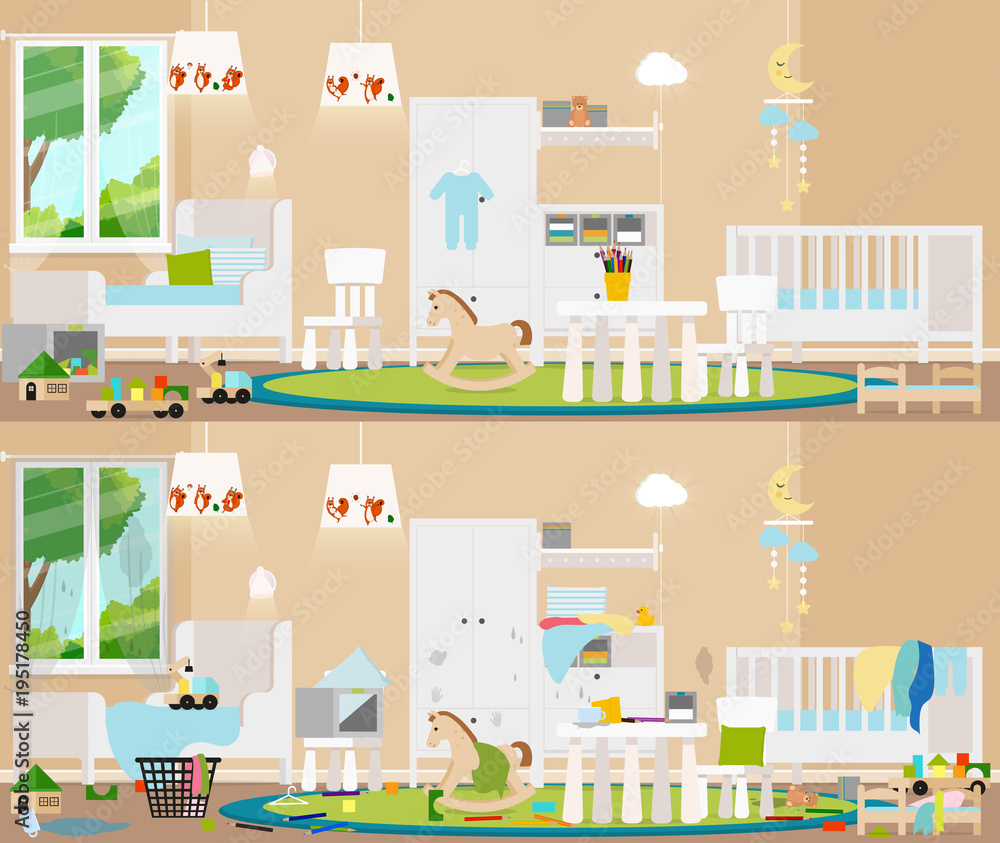 Children's interior. Dirty, cluttered room in complete disarray and clean room. Vector flat illustration.