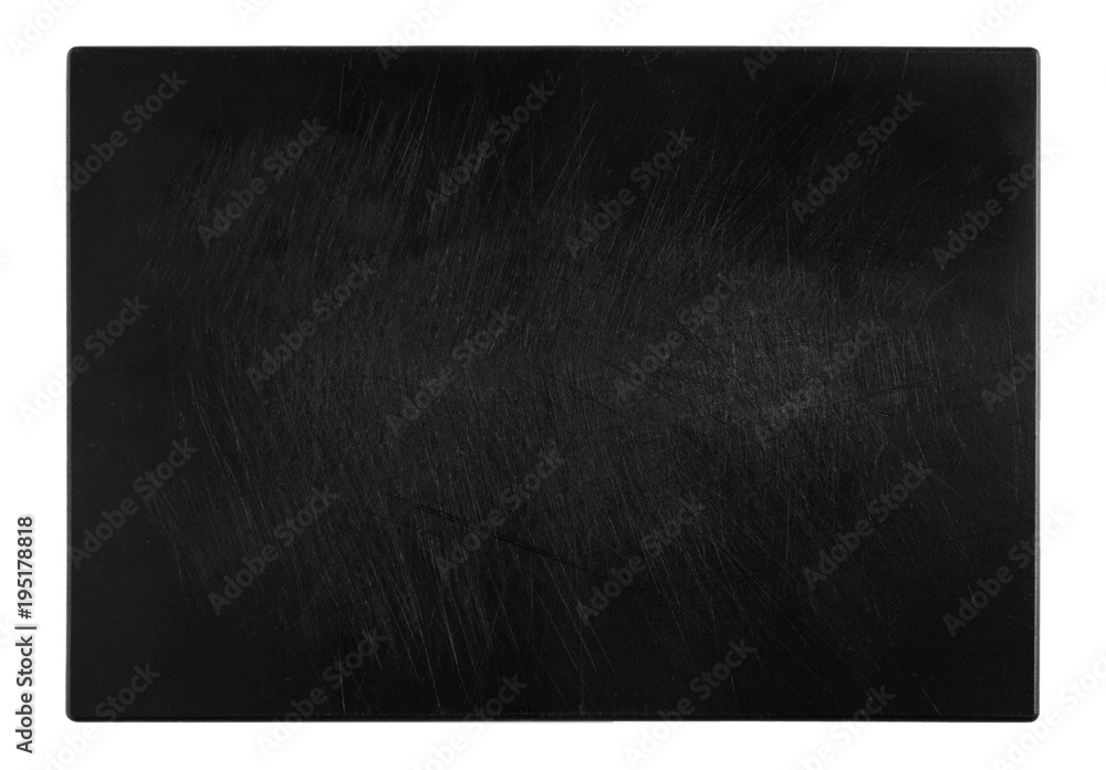 black and scratched chopping board, top view of the object on white background black and scratched chopping board, top view of the object on white background