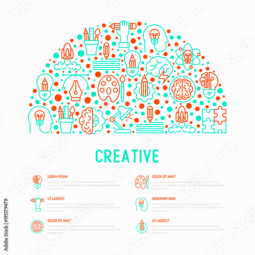 Creative concept in half circle with thin line icons: generation of idea, start up, brief, brainstorming, puzzle, color palette, creative vision, genius. Vector illustration for web page, print media.
