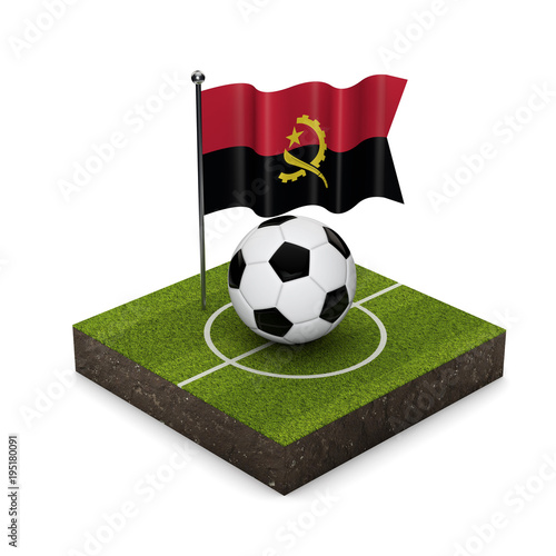 Angola flag football concept. Flag  ball and soccer pitch isometric icon. 3D Rendering