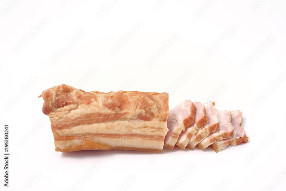 bacon sliced on white background. pork fat with veins.