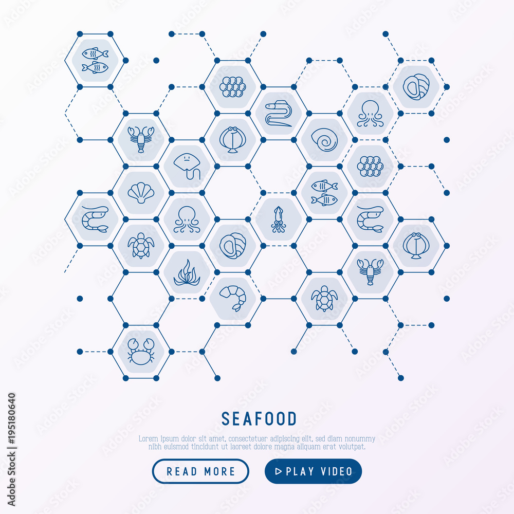 Seafood concept in honeycombs with thin line icons: lobster, fish, shrimp, octopus, oyster, eel, seaweed, crab, ramp, turtle. Modern vector illustration for restaurant menu. Seafood concept in honeycombs with thin line icons: lobster, fish, shrimp, octopus, oyster, eel, seaweed, crab, ramp, turtle. Modern vector illustration for restaurant menu.
