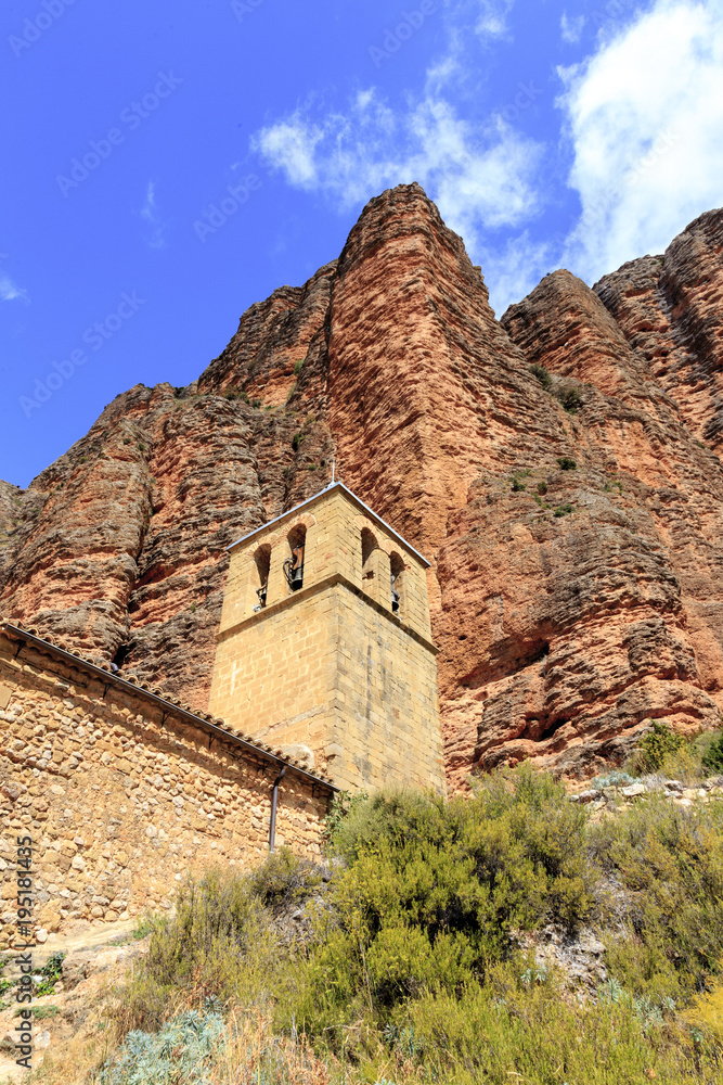 Mallos de Riglos mountain and church in Spain.