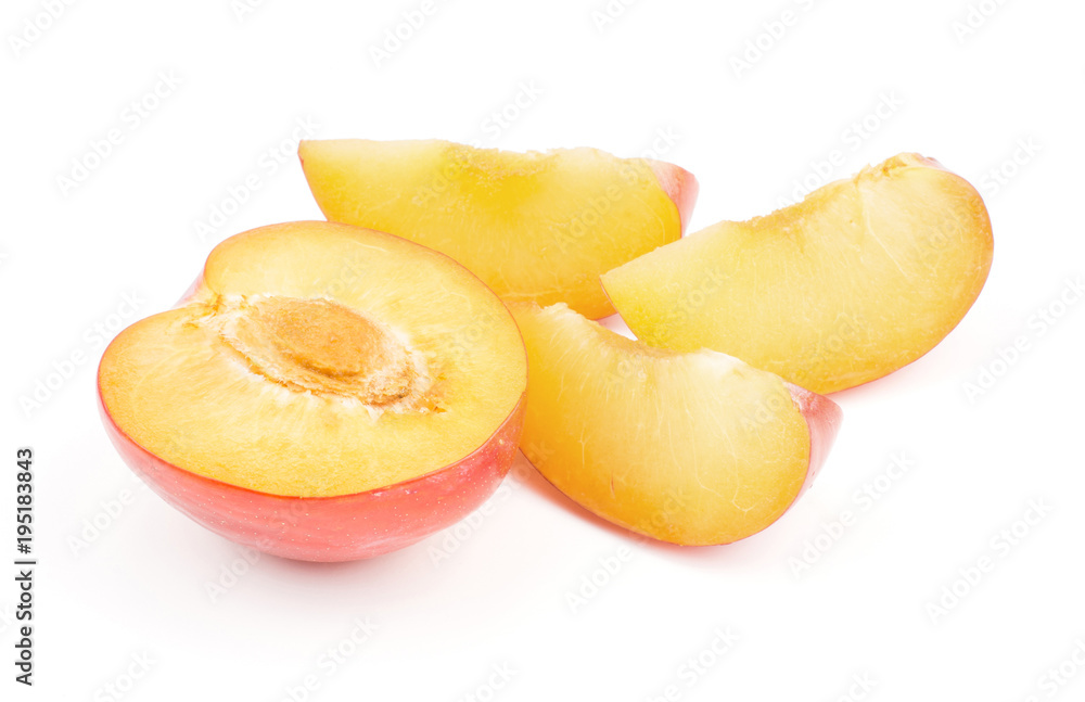 Sliced plum red orange isolated on white background one section half and three slices.