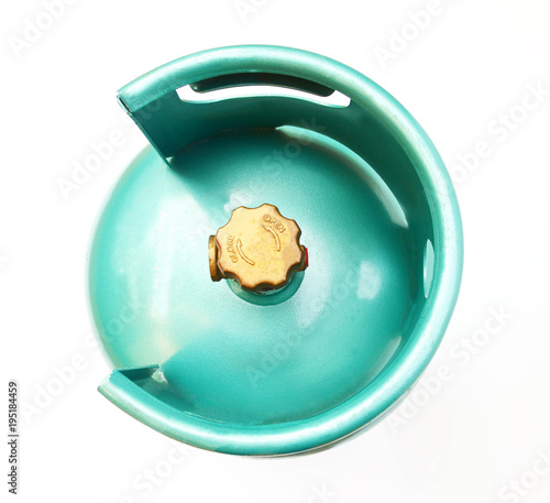Top view of green LPG cooking gas tank or propane tank, isolated on white background