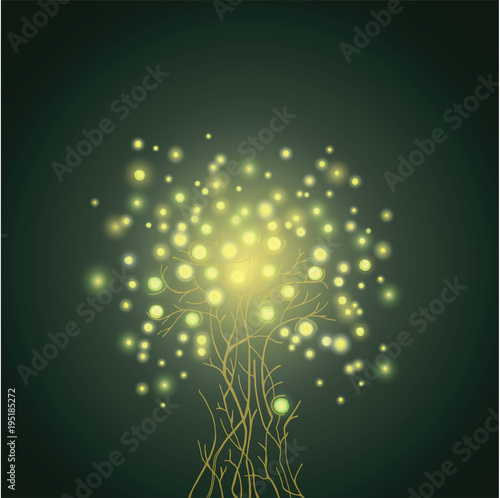 
Fireflies on the tree. An abstract tree that glows because of fireflies. Magic lights - fireflies
