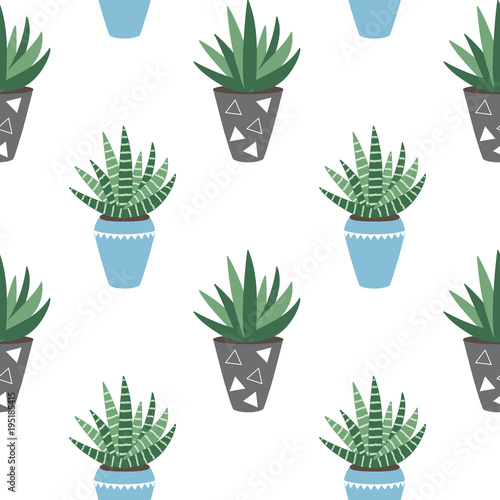 green house plants in the blue and gray pots sansevieria haworthia aloe scandinavian style boho seamless pattern vector