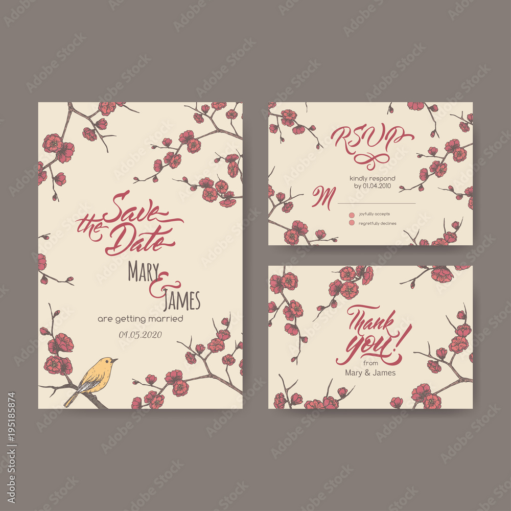 Set of three original attractive wedding cards based on blooming plum branch sketch and brush calligraphy.