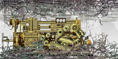 Steampunk fantastic machine with brass gears, pipes and other devices on abstract surreal background. Hand drawn vector illustration for t-shirt print design.