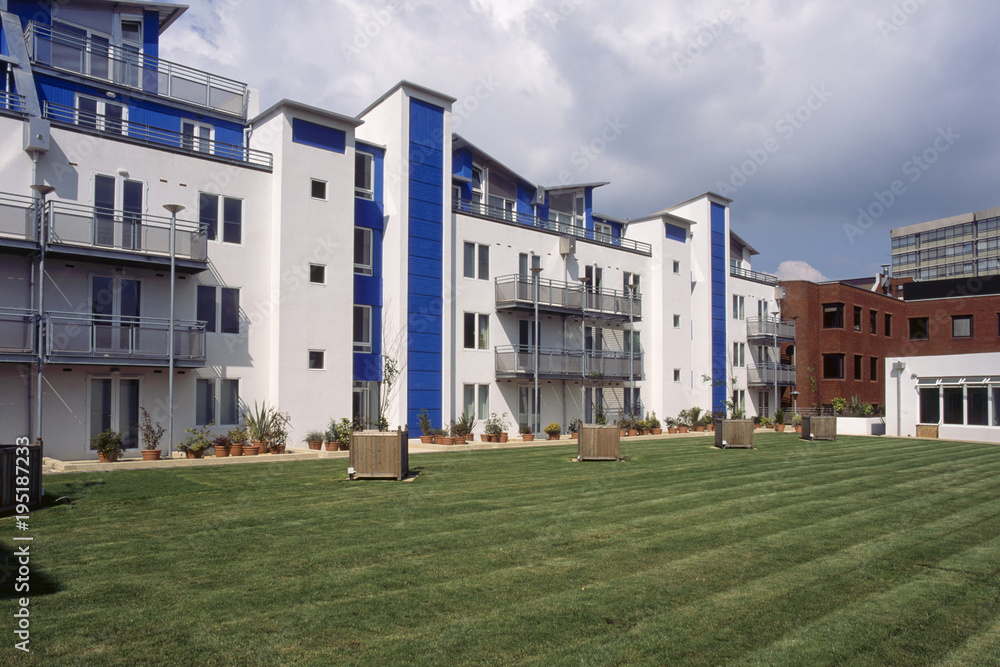 UK, Wiltshire, Swindon, colourful modern style apartment block