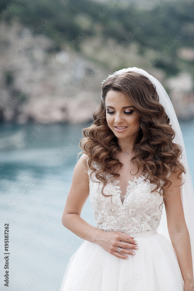 Beautiful bride stands on a cliff above the sea in a glamorous white wedding dress view of veil.Romantic beautiful bride in white dress posing on the background sea. Happy Wedding Day. Beautiful bride stands on a cliff above the sea in a glamorous white wedding dress view of veil.Romantic beautiful bride in white dress posing on the background sea. Happy Wedding Day.