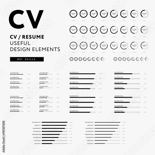 CV Resume design elements - Skills icons set - minimal iconography vector - black and white infographics photo