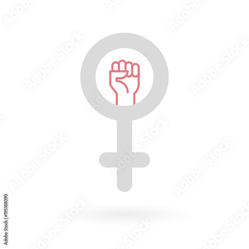 Feminism icon. Female gender symbol with raised fist. Flat and minimal design. Vector illustration