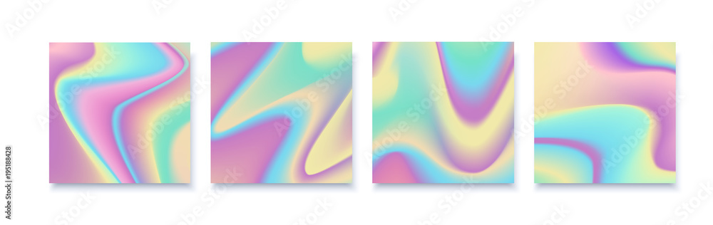 Naklejka premium Hologram abstract backgrounds set with white backdrop. Trendy gradient backdrop with hologram.