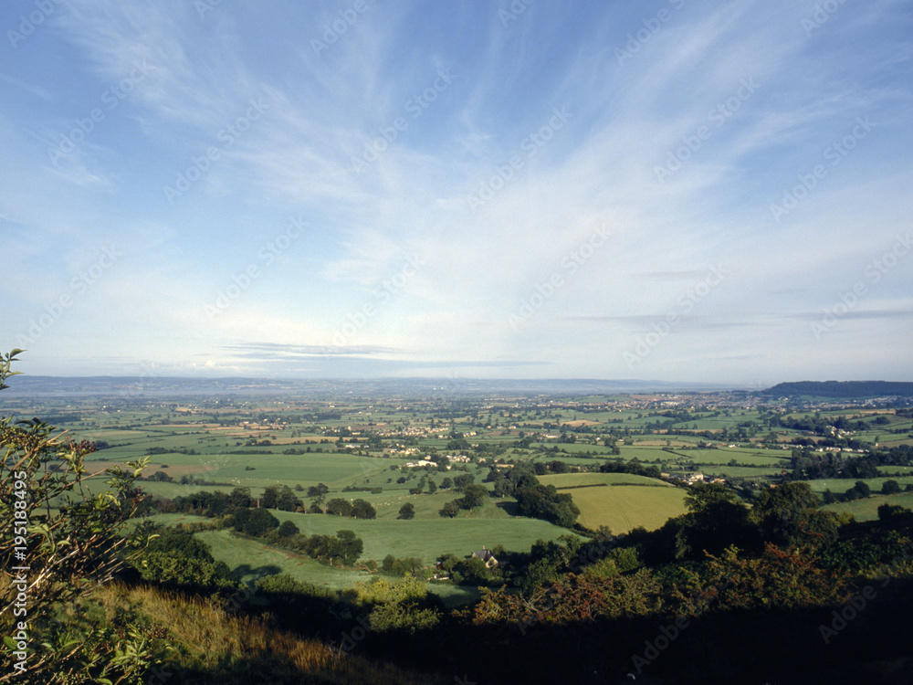 The view from the Cotswold escarpment at Coaley Peak viewpoint near Nympsfield, Gloucestershire, UK