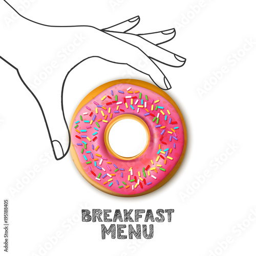 Breakfast menu concept. Tasty pink glazed donut in hand drawn watercolor human hand isolated on white background. Vector food illustration. Bakery or cafe design.