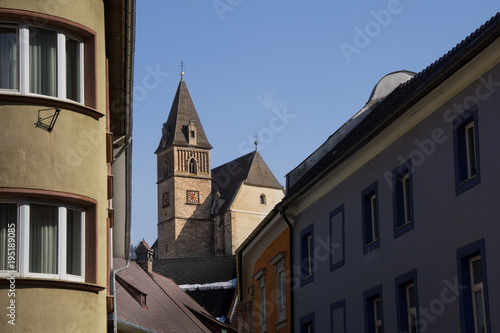 The St. Oswald church tower seen from downtown Eisenerz