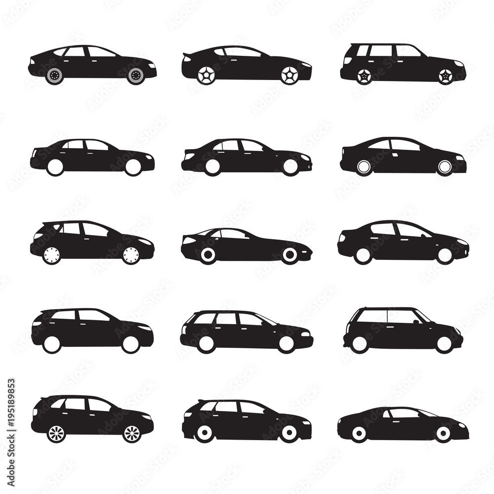 Set of black modern shapes and Icons of Cars. Vector Illustration.