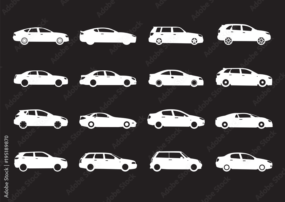 Set of white modern shapes and Icons of Cars on black background. Vector Illustration.