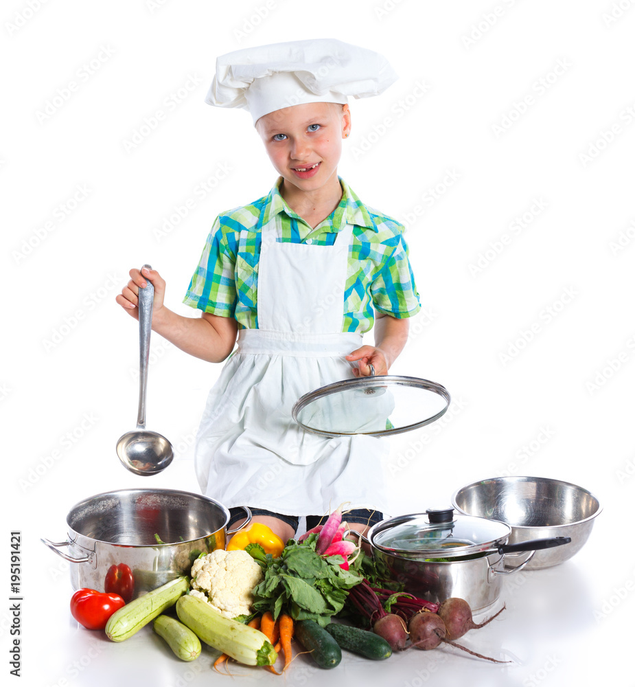 Little Girl Chef cook with fresh vegetables Little Girl Chef cook with fresh vegetables