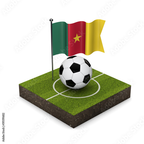 Cameroon flag football concept. Flag  ball and soccer pitch isometric icon. 3D Rendering