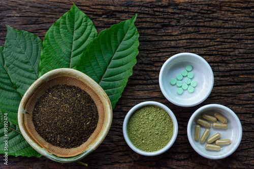 Mitragyna speciosa  kratom  leaves with medicine products in powder  capsules and tablet in white ceramic bowl with wooden texture on background