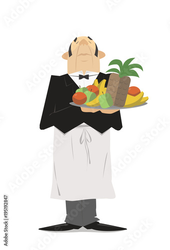 Waiter in suit with a tray of fruit. Vector cartoons