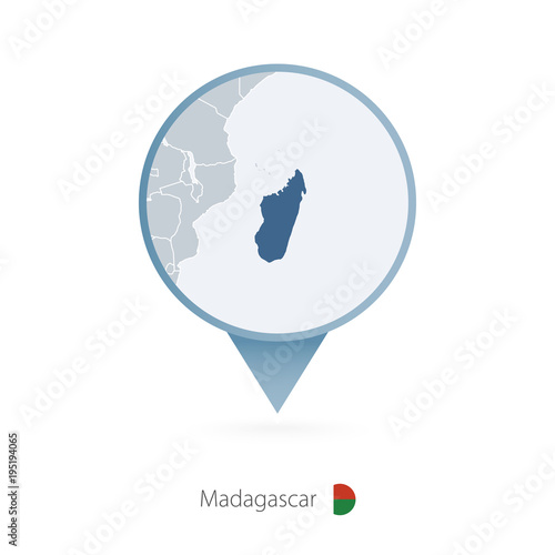 Map pin with detailed map of Madagascar and neighboring countries.