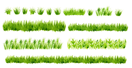 Watercolor green grass borders set isolated on white background