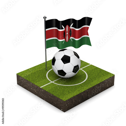 Kenya flag football concept. Flag  ball and soccer pitch isometric icon. 3D Rendering