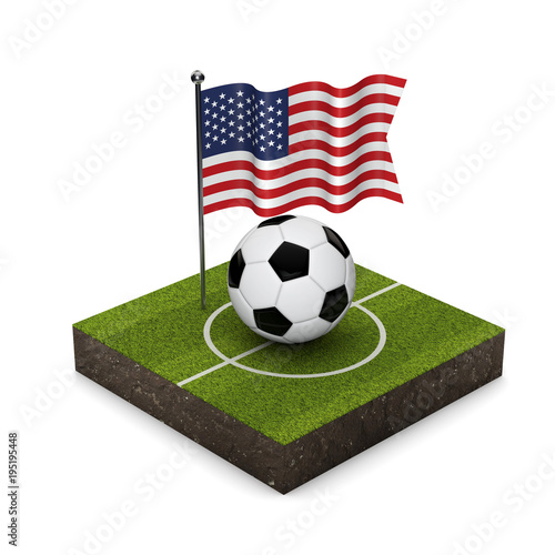 USA flag football concept. Flag  ball and soccer pitch isometric icon. 3D Rendering