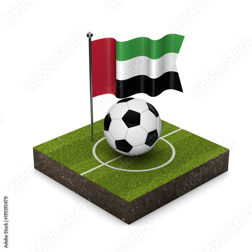 United Arab Emirates flag football concept. Flag  ball and soccer pitch isometric icon. 3D Rendering