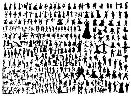 Black dancing people and musicians isolated silhouettes collection. Ballet, indian, latin, folk, oriental dance set.