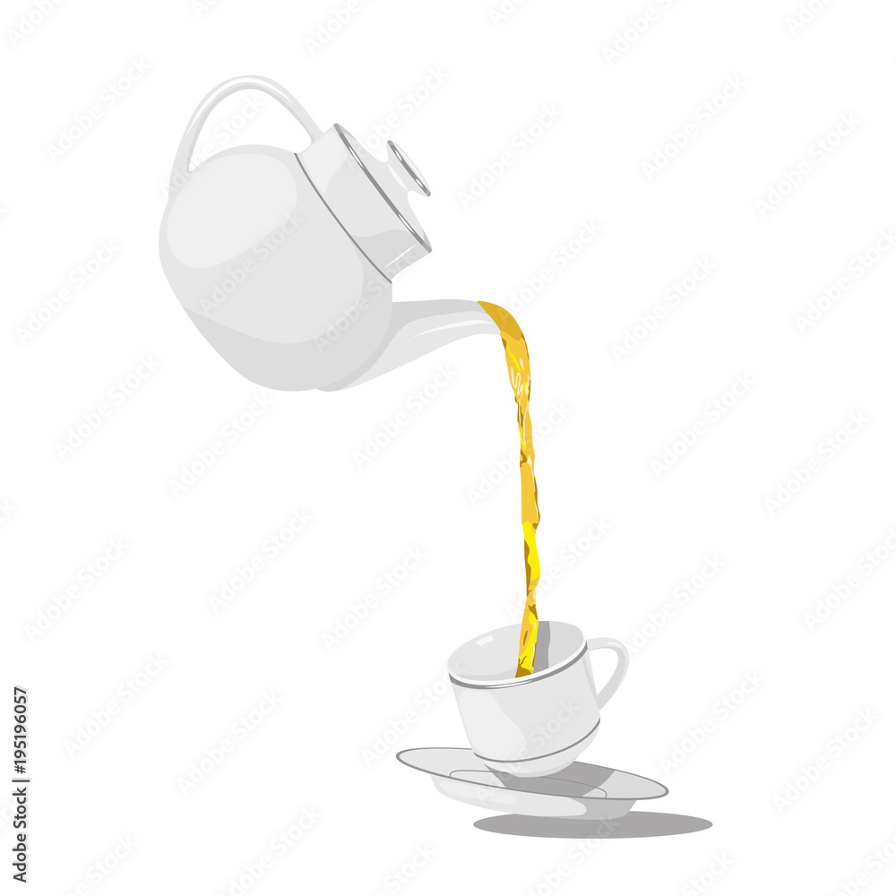 Coffee pouring into a cup on saucer, illustration - Stock Image