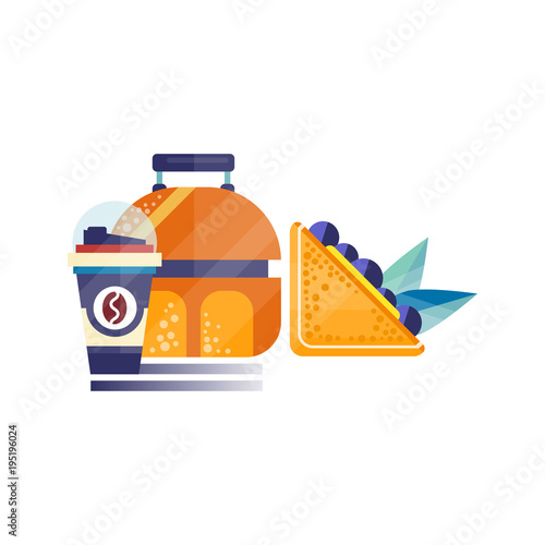 Lunch bag with sandwich and coffee cup, healthy food for kids and students, children lunch time vector Illustration on a white background