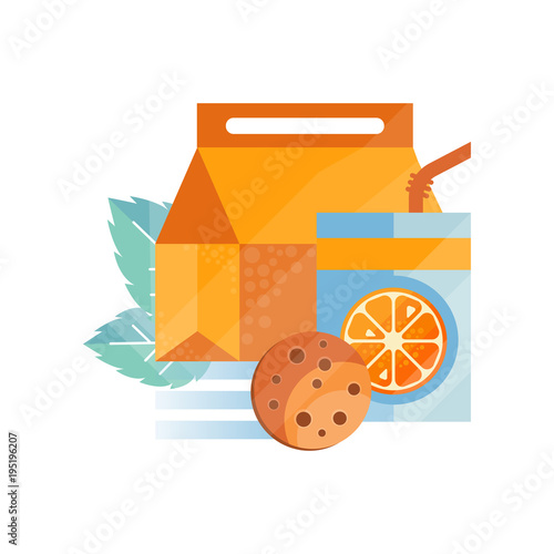 Lunch bag with cookie and orange juice , healthy food for kids and students, children lunch time vector Illustration on a white background