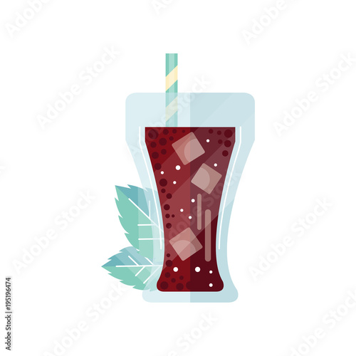 Cola glass with ice cubes and straw vector Illustration on a white background