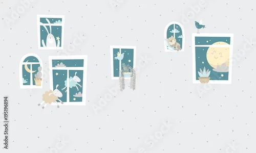 Obraz ściana domu ze zwierzątkami w oknach