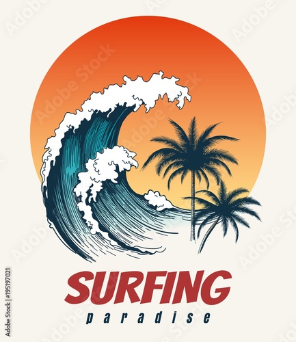Surfer big wave. Ocean wave surfing hawaii or california paradise vector retro poster