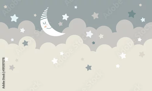 Obraz śpiący księżyc wśród chmur i gwiazd