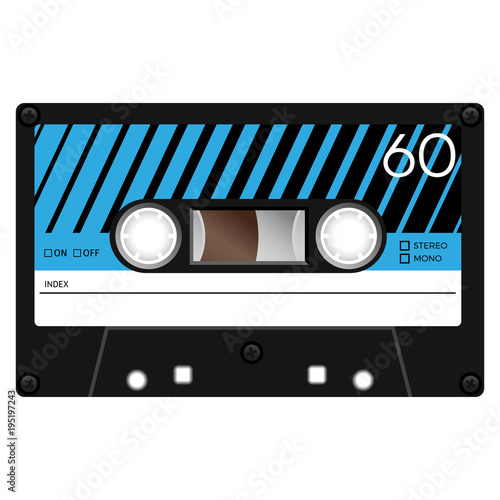 Vintage cassette illustration, simple flat design on white background.