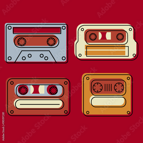 Vintage cassette colour tapes illustration  isolated on white set.