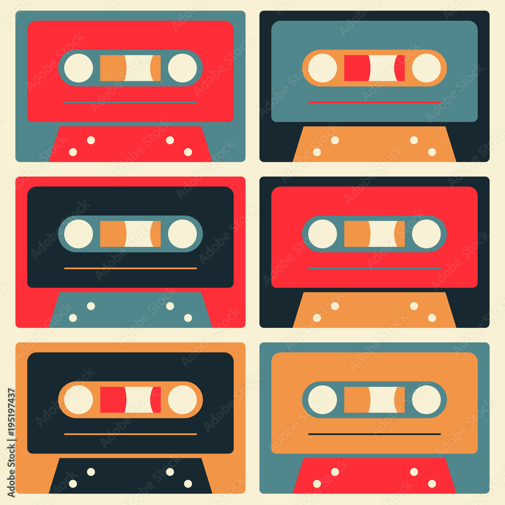 Retro cassettes simple design set, flat illustration.