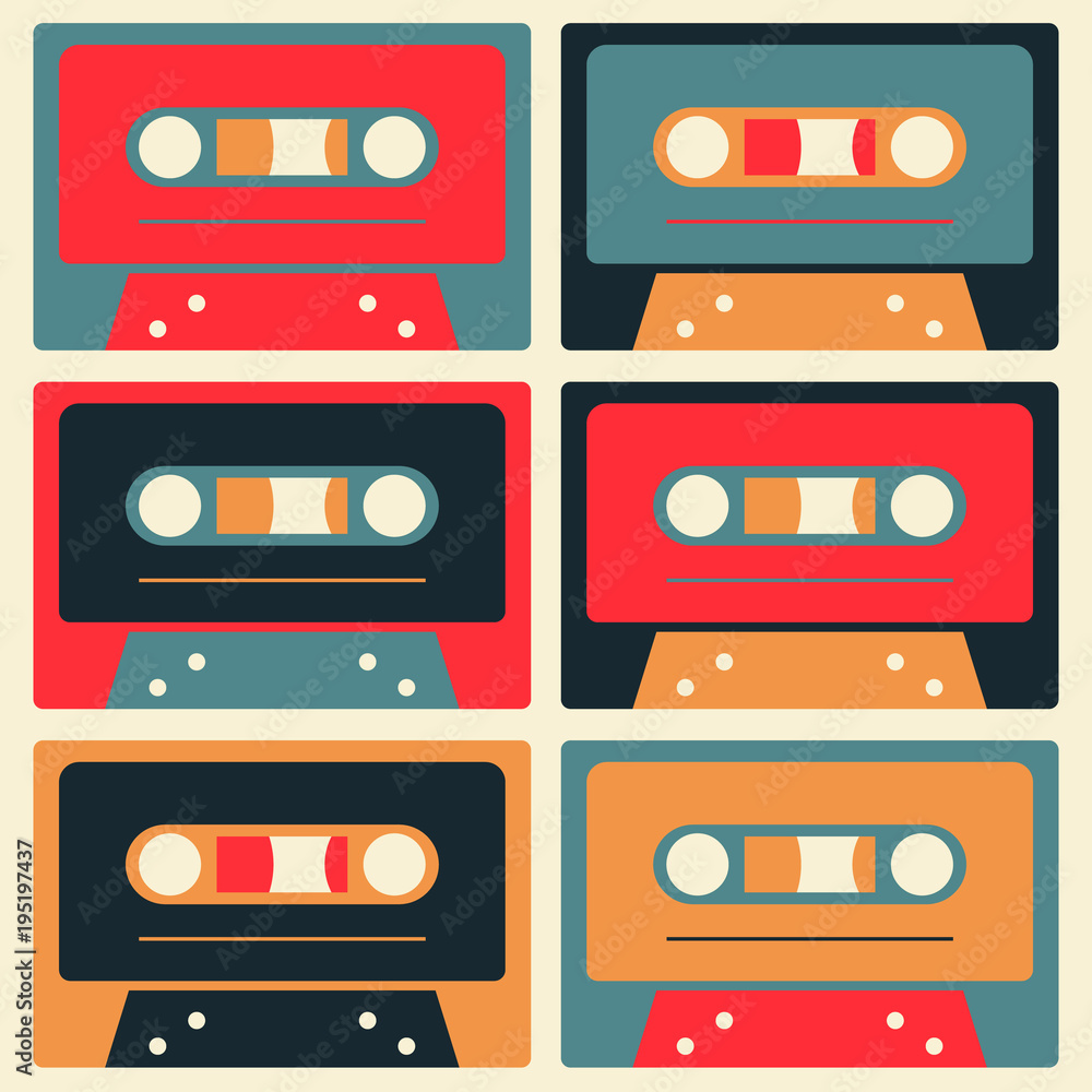 Fototapeta premium Retro cassettes simple design set, flat illustration.