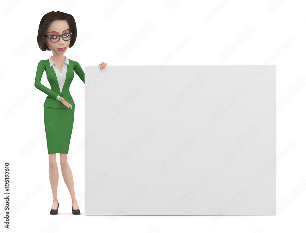 Cartoon business woman in green dress with big white sign 3d illustration Cartoon business woman in green dress with big white sign 3d illustration