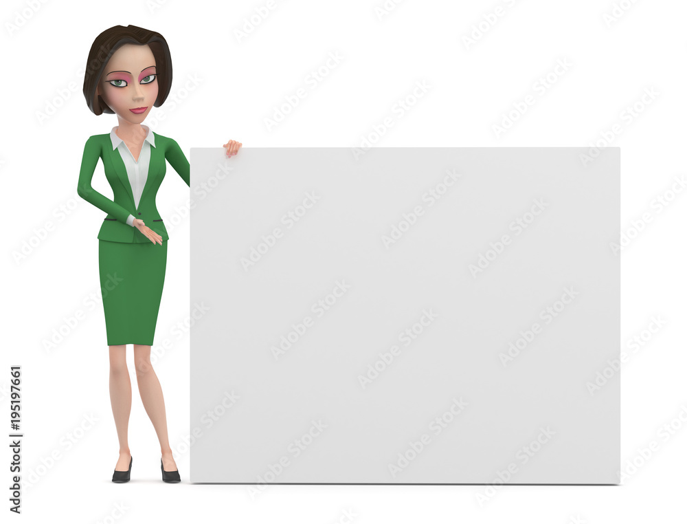 Cartoon business woman in green dress with big white sign 3d illustration Cartoon business woman in green dress with big white sign 3d illustration