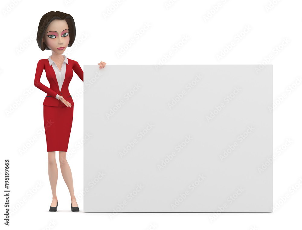Cartoon business woman in red dress with big white sign 3d illustration Cartoon business woman in red dress with big white sign 3d illustration