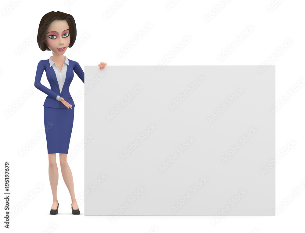 Cartoon business woman in dark blue dress with big white sign 3d illustration Cartoon business woman in dark blue dress with big white sign 3d illustration